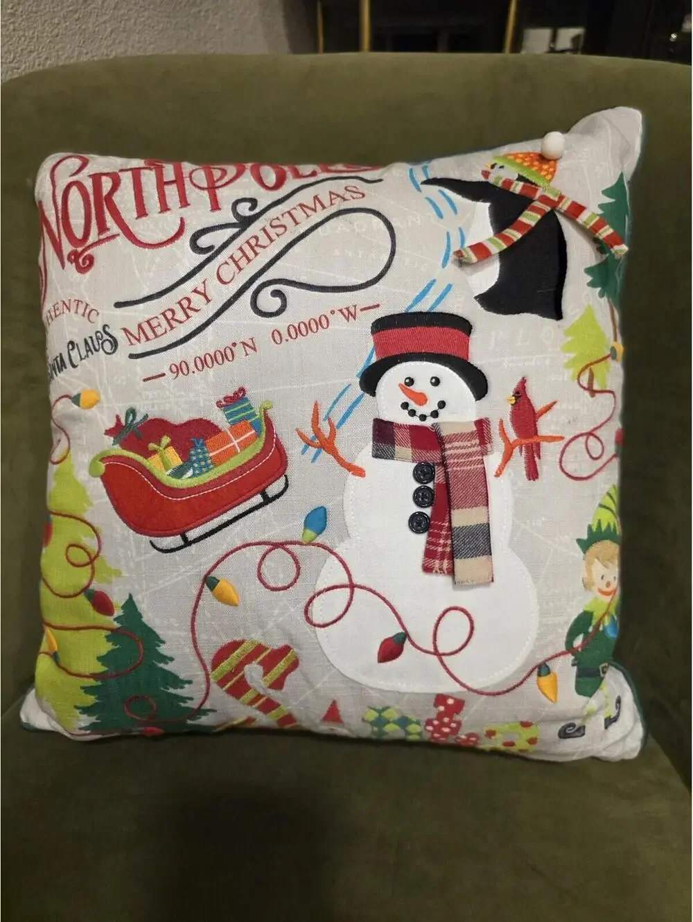 Pier 1 Imports Christmas Lights North Pole Snowman Elf Penguin Pillow 17